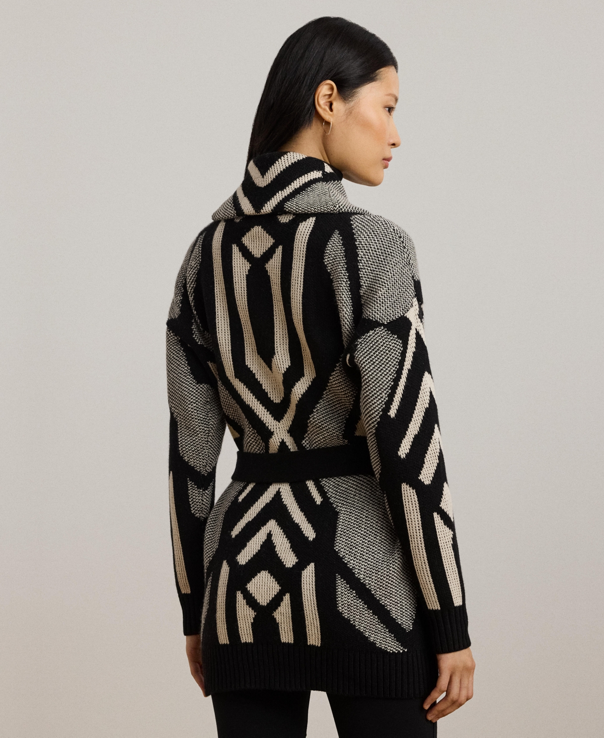 Lauren Ralph Lauren Women's Geo-Motif Belted Wool-Blend Cardigan -Mascarpone Cream