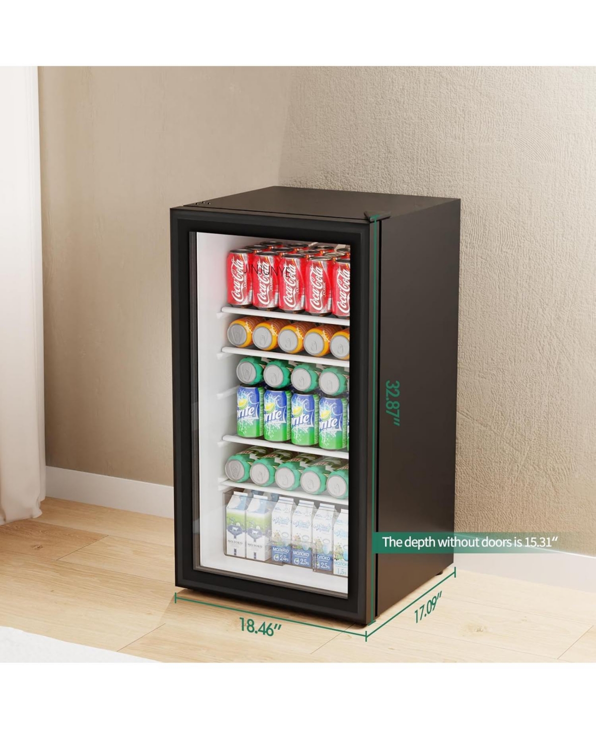 Jinjunye Beverage Refrigerator Cooler, 128 Can 3.2Cu.ft Mini Fridge, Refrigerator Glass Door for Beer Drinks Soda Wine, Beverage Fridge with Adj