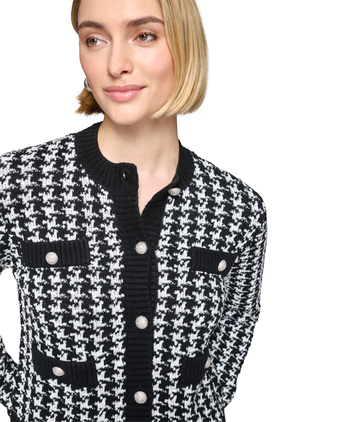 Karl Lagerfeld Paris Women's Houndstooth Cardigan - Black  Soft White