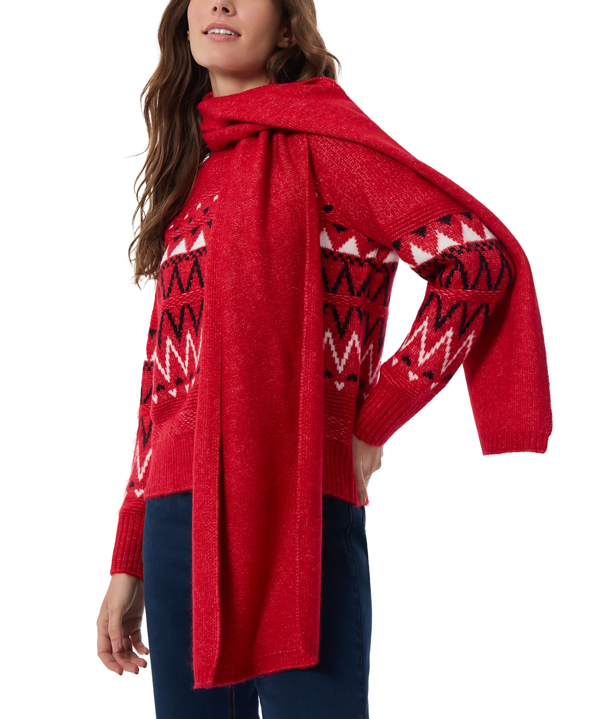 Shop Jones New York Women's Fair Isle Crewneck Sweater & Scarf In Deep Rouge