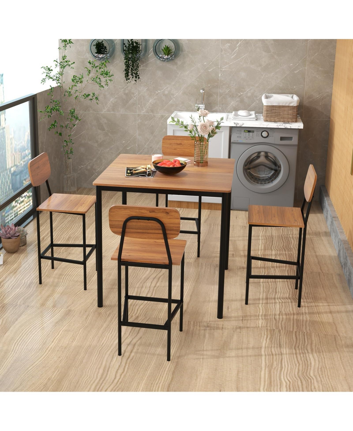 Sugift 5 Pieces Industrial Dining Table Set with Counter Height Table and 4 Bar Stools-Dark Brown
