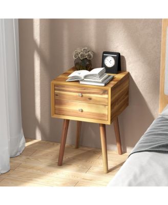 2PCS Wooden Nightstand Mid-Century End Side Table W/2 Storage Drawers