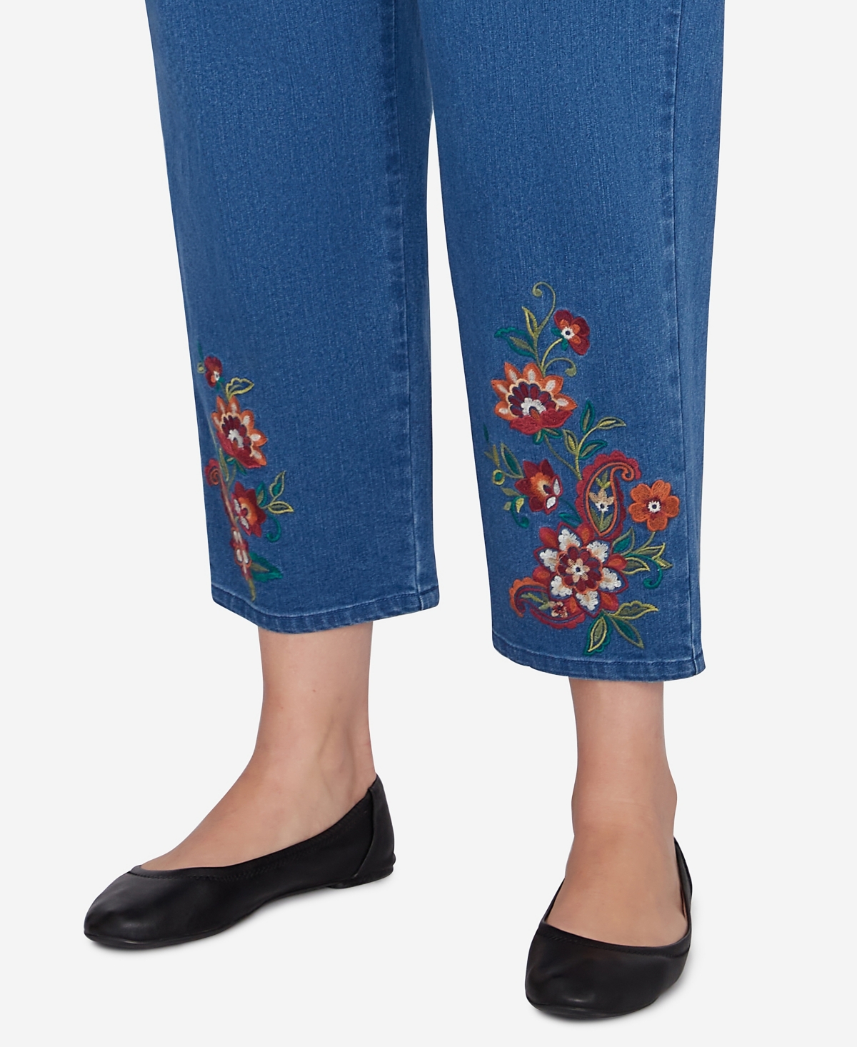 Alfred Dunner Plus Size Harvest Moon Floral Embroidered Denim Ankle Pants