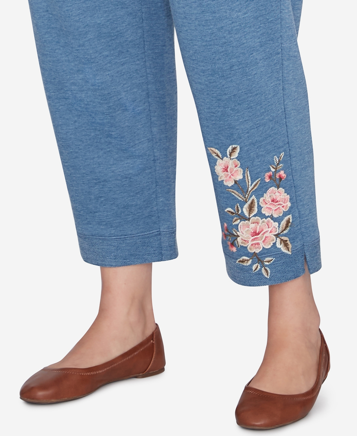 Alfred Dunner Plus Size Casual Fridays French Terry Knit Casual Floral Embroidered Ankle Pants