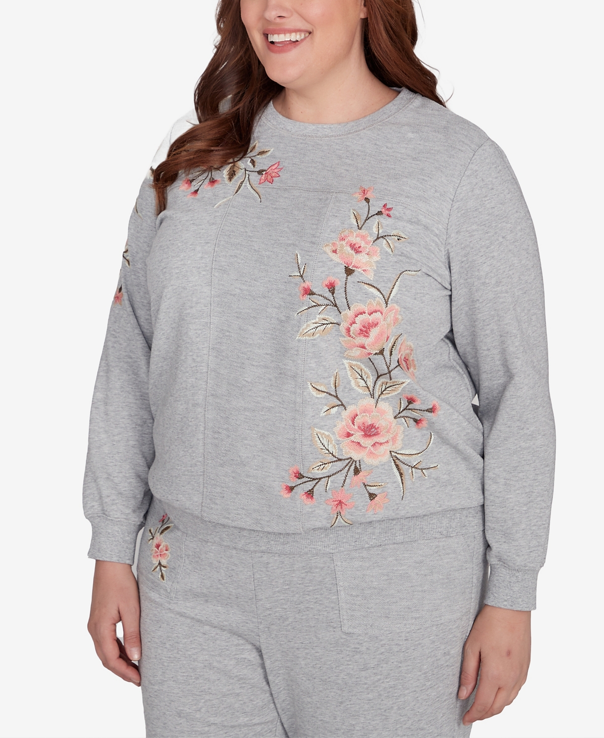 Alfred Dunner Plus Size Casual Fridays Floral Embroidered Long Sleeve Top