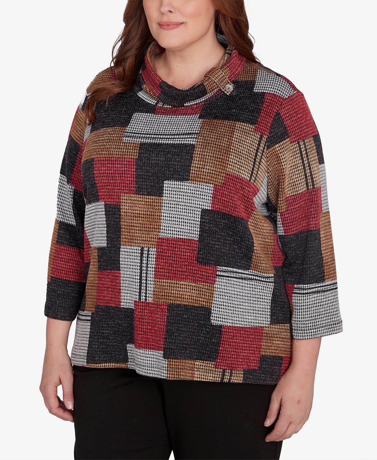 Alfred Dunner Plus Size Runway Ready Houndstooth Patchwork Cowl Neck Top