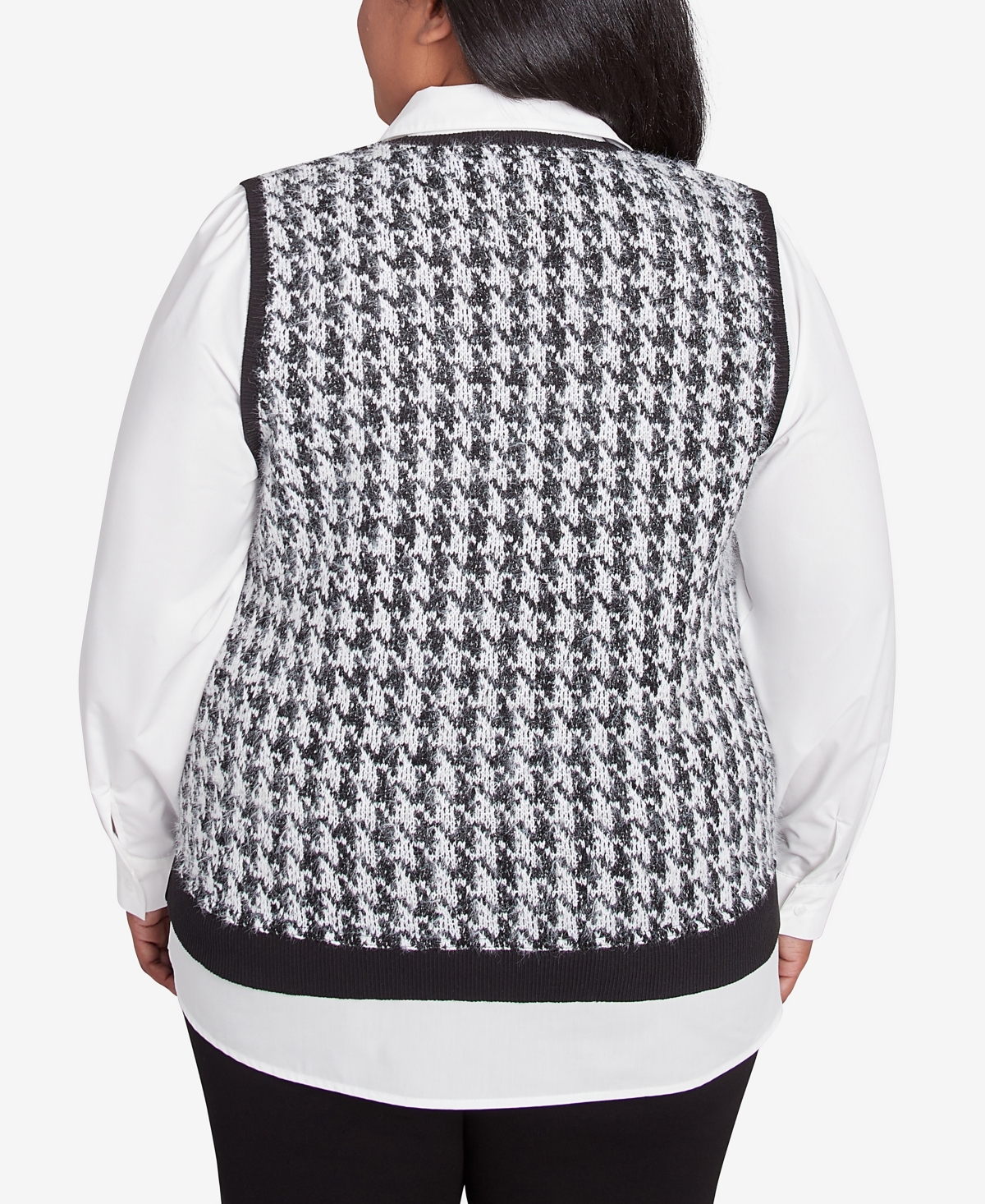 Alfred Dunner Plus Size Runway Ready Houndstooth Two In One Collared Sweater In Multi Black