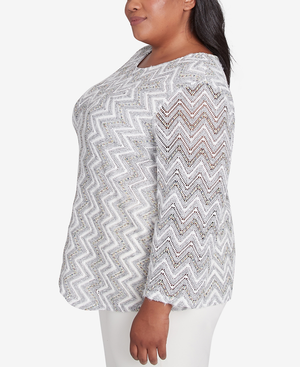 Alfred Dunner Plus Size Copenhagen Spliced Crew Neck Wavy Stripe Top In Grey Multi