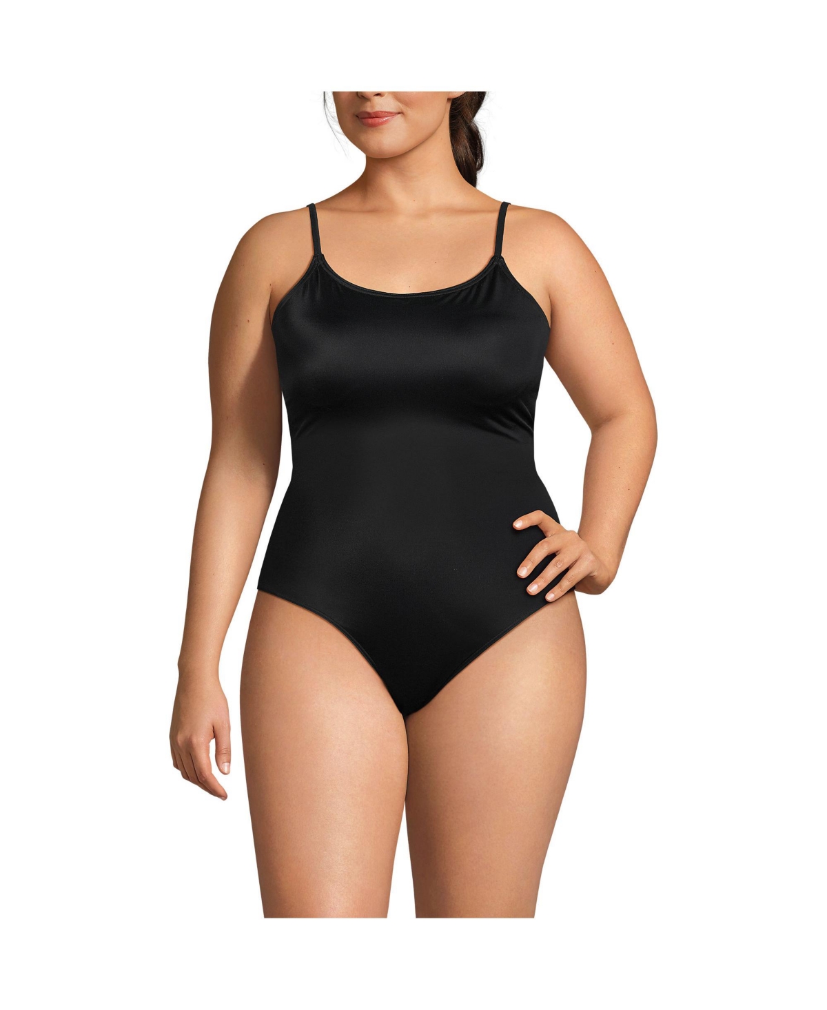 Women's Plus Size Scoop Neck High Leg Tugless Tank Thin Strap One Piece Swimsuit - Black