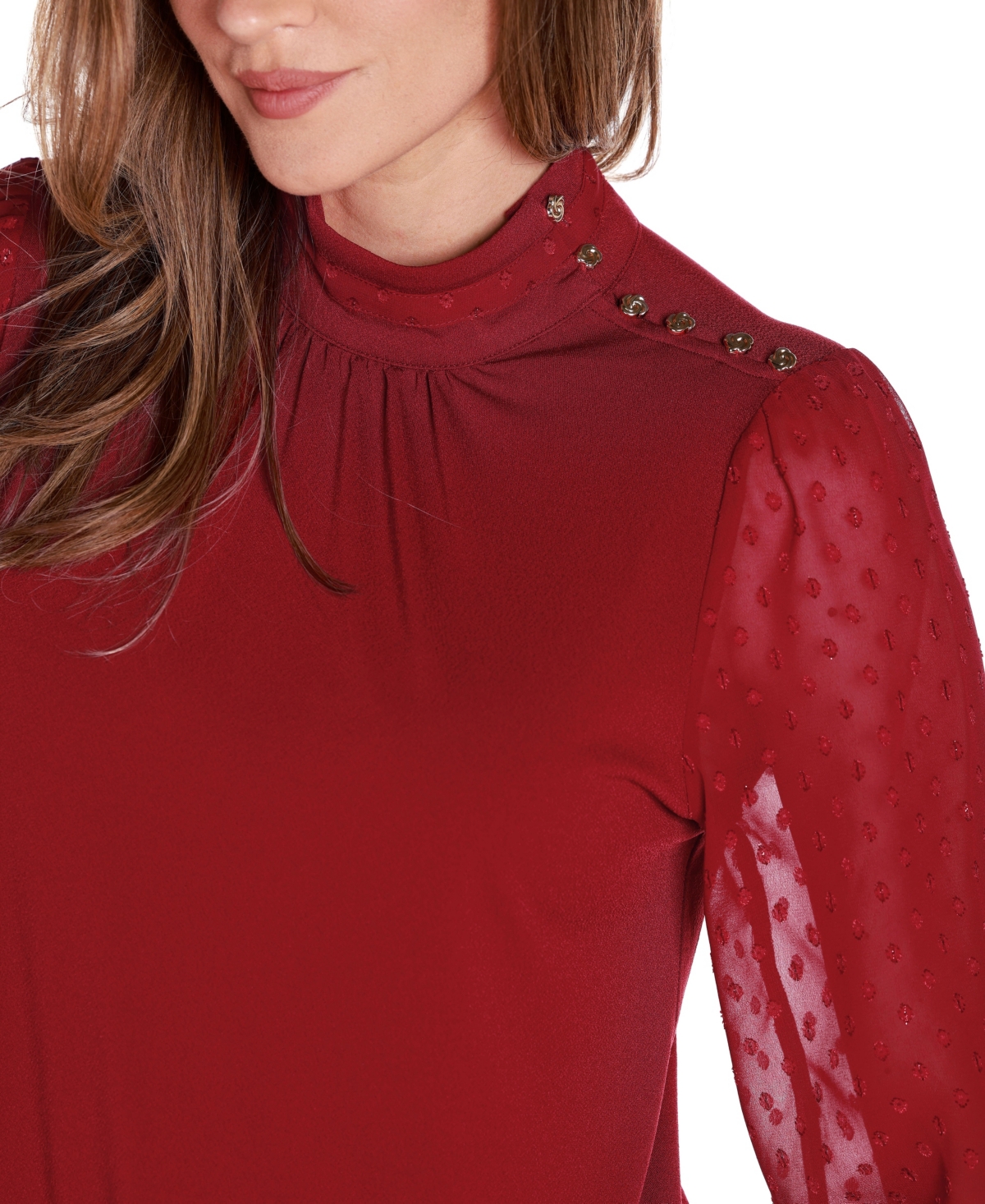 Belldini Women's Black Label Clip-Dot Chiffon Sleeve Knit Blouse -Gold