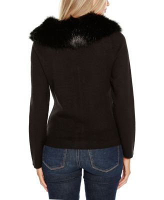 Women's Black Label Faux Fur Collar Short Zip Cardigan Sweater