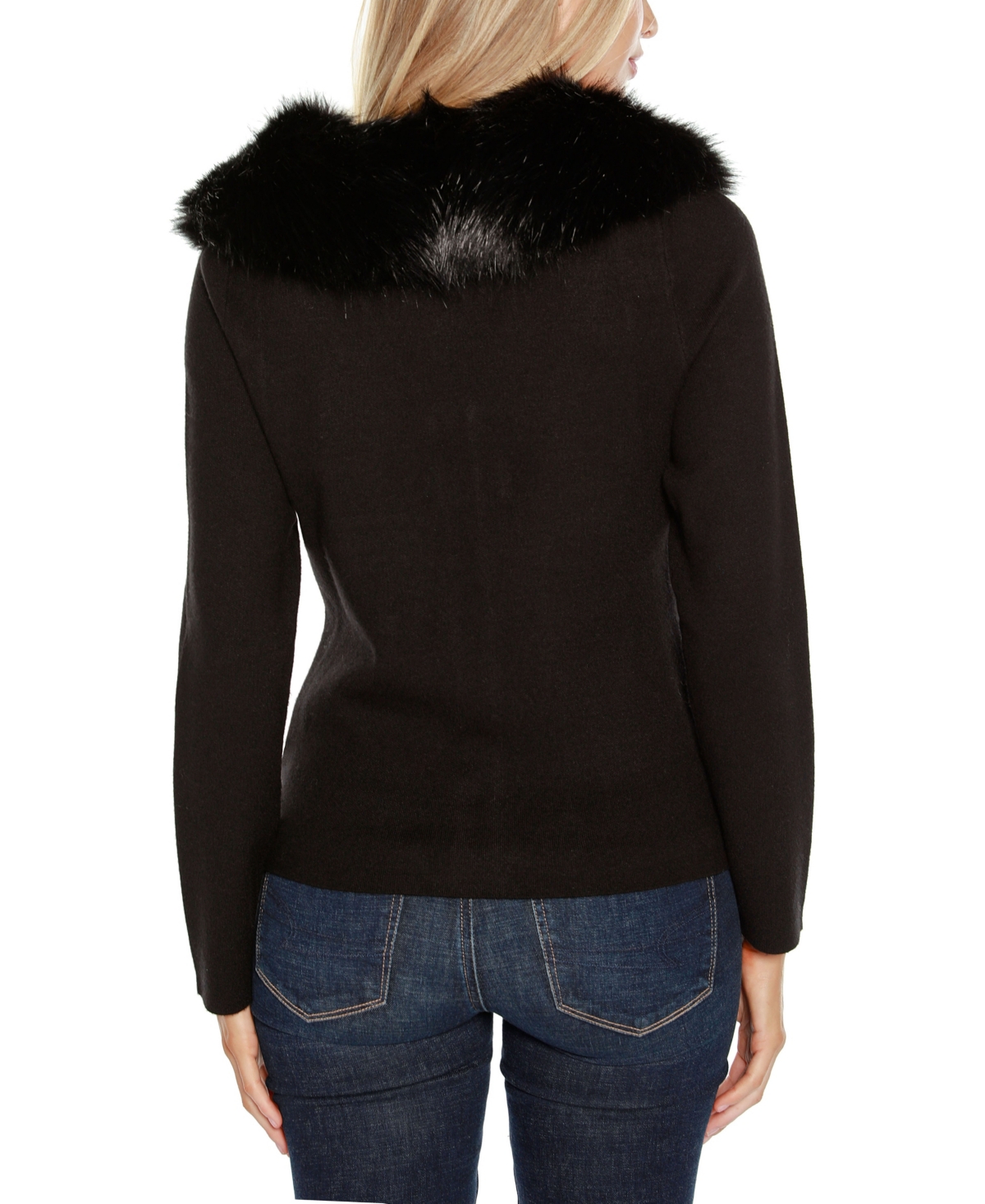 Belldini Women's Black Label Faux Fur Collar Short Zip Cardigan Sweater In Black