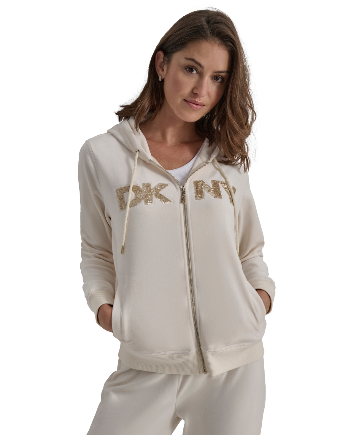 Dkny Jeans Petite Sequin Logo Zipper Hoodie In Eggnog Matte Gold