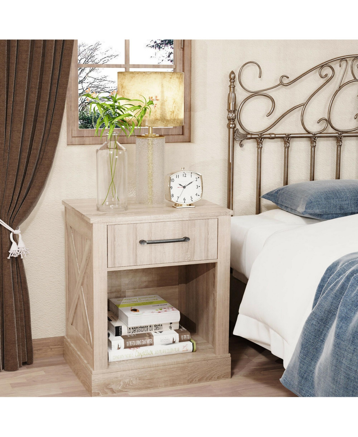 Gymax Nightstand with Drawer and Shelf Rustic Wooden Bedside Table Bedroom Brown