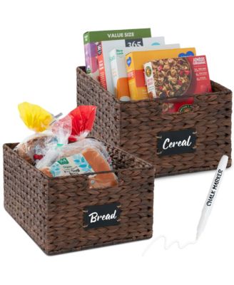 Set of 2 16in Woven Water Hyacinth Pantry Baskets w/ Chalkboard Label, Chalk Marker