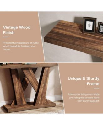 55-Inch Farmhouse Console Table, Entryway Table with Geometric Base, Narrow Sofa Table Rustic Wood Hallway Table, Rustic Brown