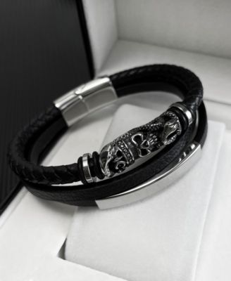 Black Skull Snake Leather Stainless Steel Bracelet
