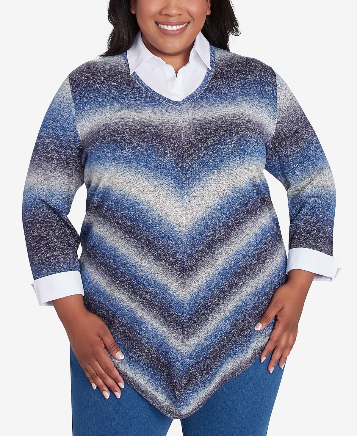 ALFRED DUNNER PLUS SIZE CLASSIC CHEVRON OMBRE CHEVRON TWO IN ONE PULLOVER SWEATER 