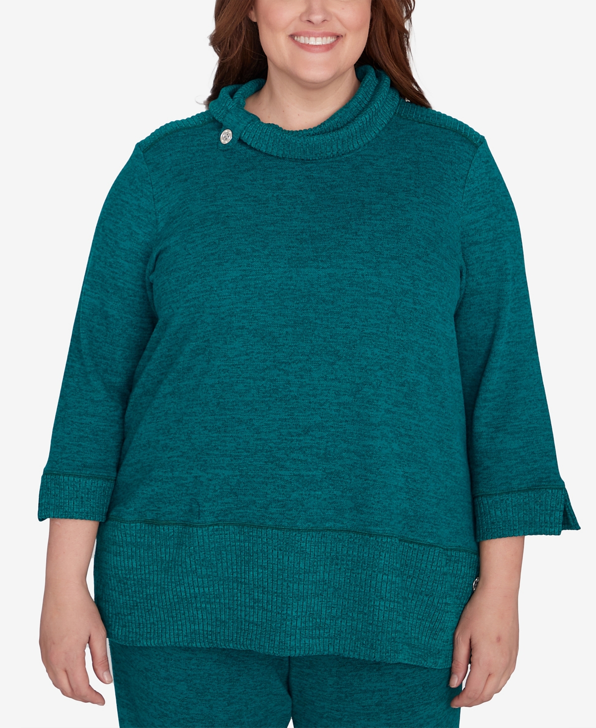 Plus Size French Quarter Spliced Ribbed Cowl Neck Solid Top - Jade