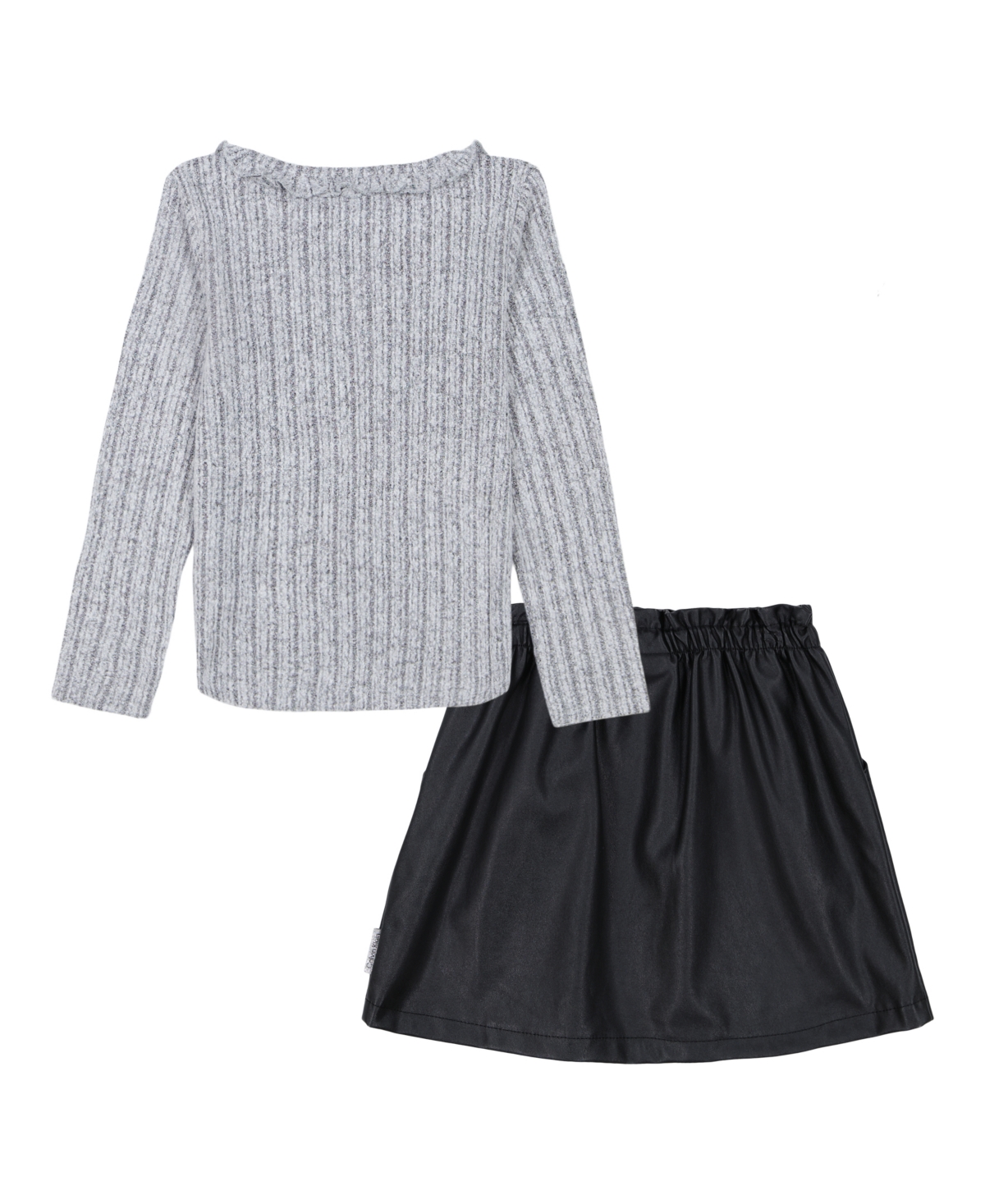 Calvin Klein Toddler and Little Girls Ruffle Collar Ribbed Top Paper-bag Waist Artificial Leather, 2-Piece Skirt -Deep Black