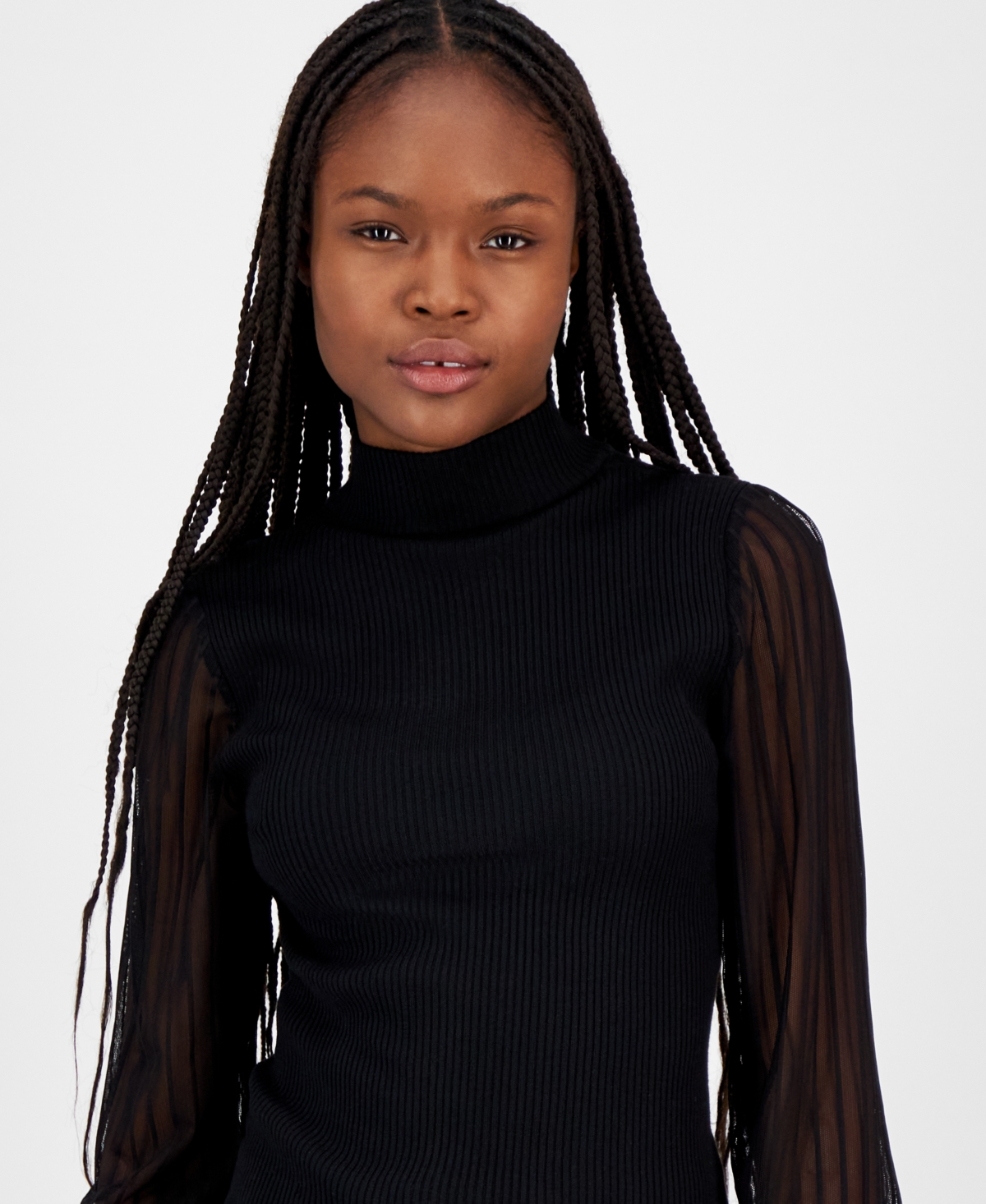 Madden Girl Juniors' Ribbed Woven-Sleeve Mock-Neck Sweater