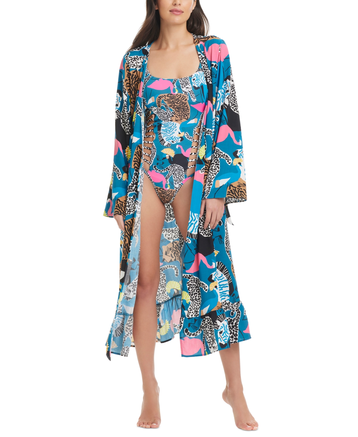 Women's Long Tie-Waist Beach Robe Cover-Up - Indigo Dye Multi