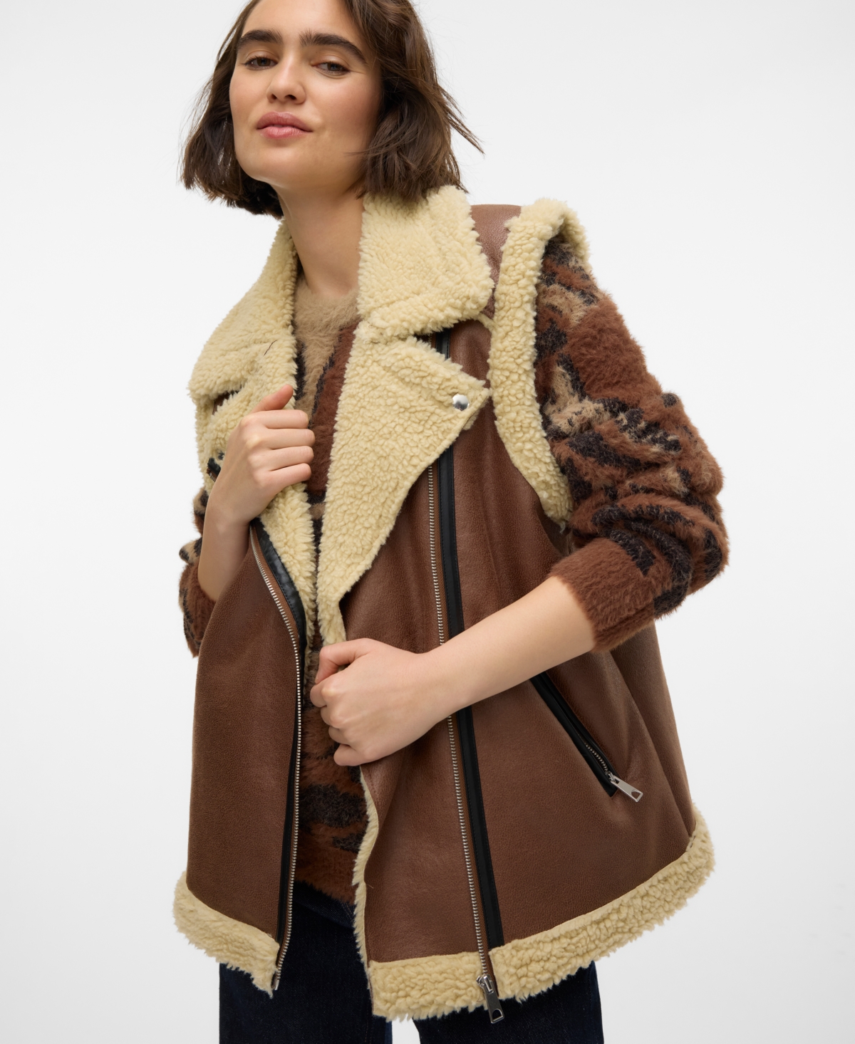 Vero Moda Women's Kay Faux-leather Teddy-line Jacket In Pinecone