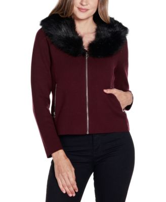 Women's Black Label Faux Fur Collar Short Zip Cardigan Sweater