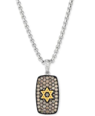 Men's Chocolate Diamond Star of David Dog Tag 22" Pendant Necklace (1-3/4 ct. t.w.) in Sterling Silver & 14k Gold