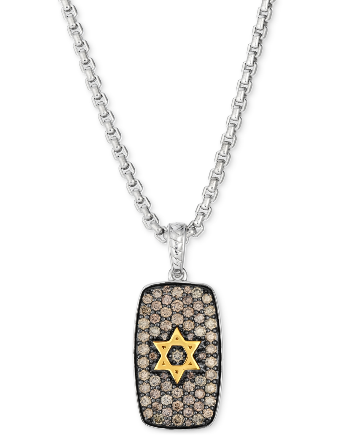 Men's Chocolate Diamond Star of David Dog Tag 22" Pendant Necklace (1-3/4 ct. t.w.) in Sterling Silver & 14k Gold - Silver