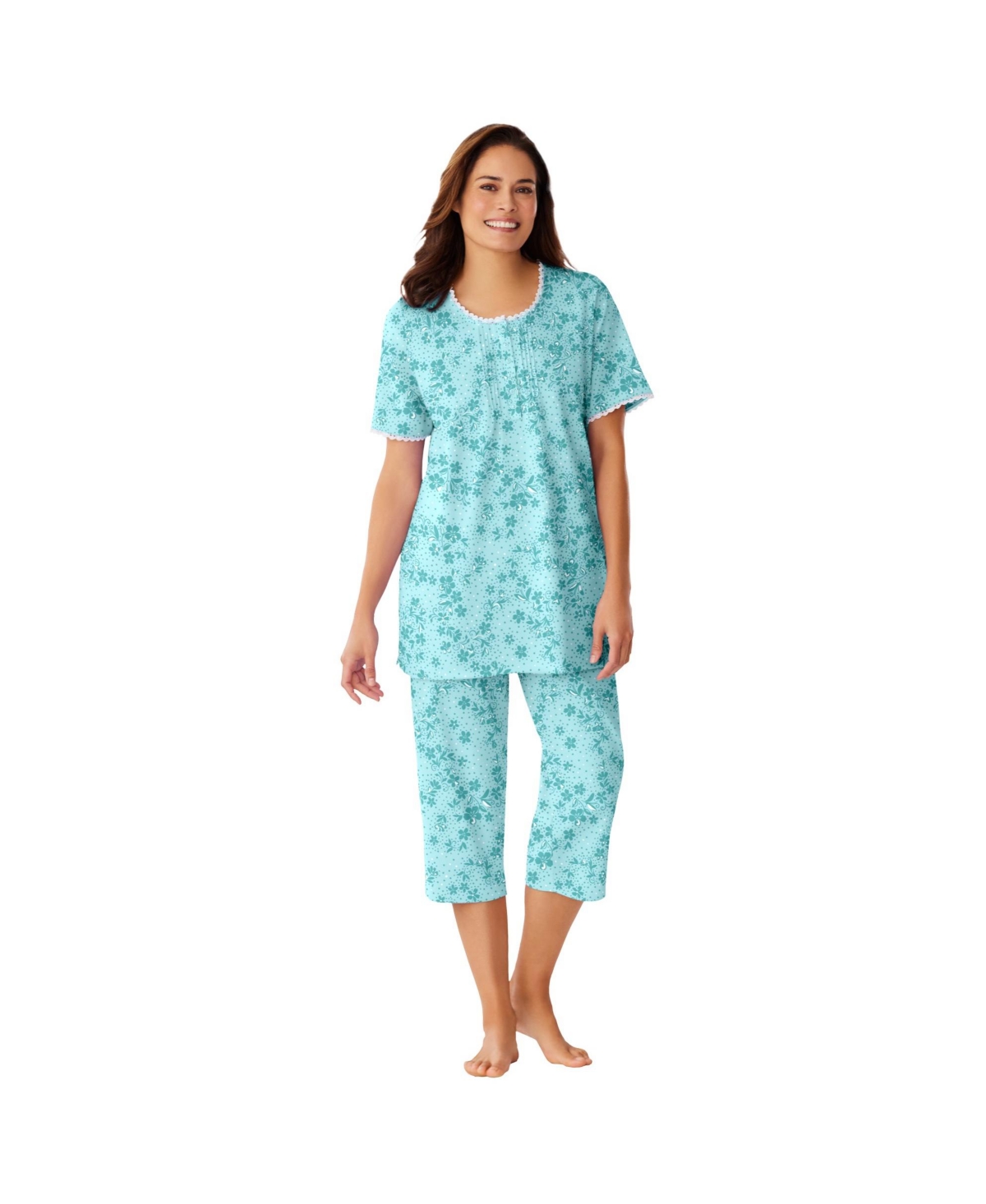 Plus Size Only Necessities 2-Piece Pintuck Tee And Capri Sleep Set - Cool mint dancing floral