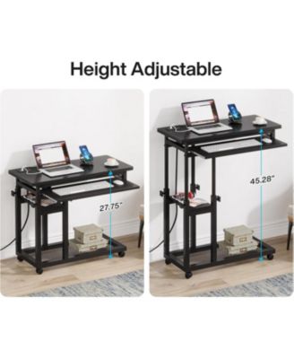 Small Portable Desk with Power Outlet, Height Adjustable Laptop Table with Wheels, Mobile Standing Computer Cart