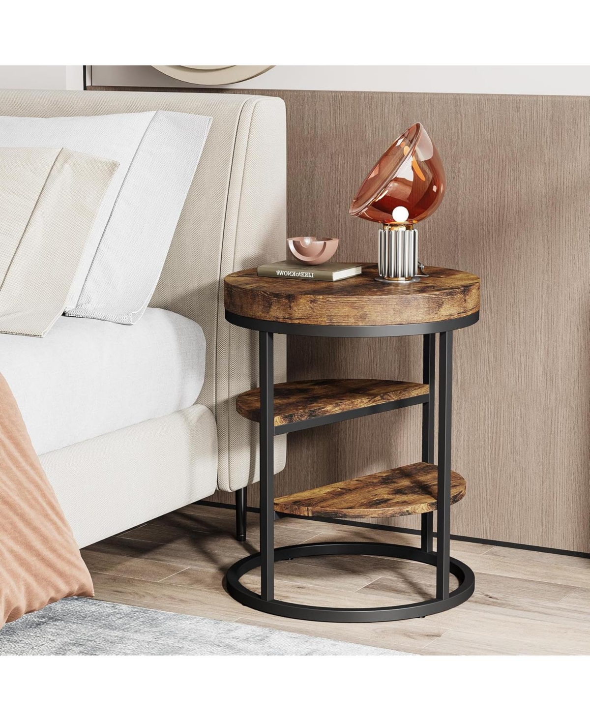 Tribesigns Round End Table, End Table with 3 Storage Shelves, Wood Side Table for Spaces, Industrial Sofa Side Table for Living Room, Rust