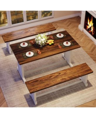 47" Dining Table Set for 4-6, 3-Piece Kitchen Room Table with 2 Benches, Farmhouse Wood Dinner Table for Small Space, Home Kitchen