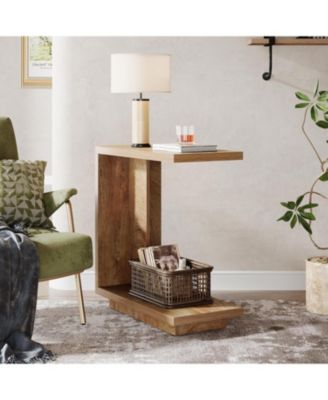 C-Shaped Side Table, 2-Tier Narrow End Table, Wood Bedside Table Nightstand for Bedroom, Industrial Sofa End Table for Living Room, Brown