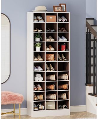 10-Tier Shoe Storage Cabinet, White and Brown Wooden Shoe Rack with 30 Cubbies, Freestanding Tall Entryway Shoe Organizer