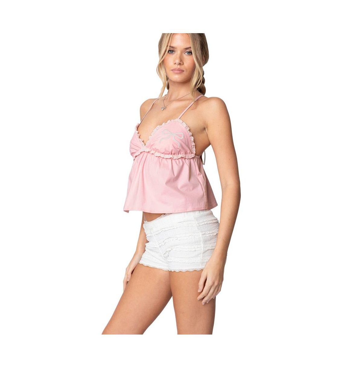 Edikted Women's Bow & Frill Babydoll Top - Light-pink