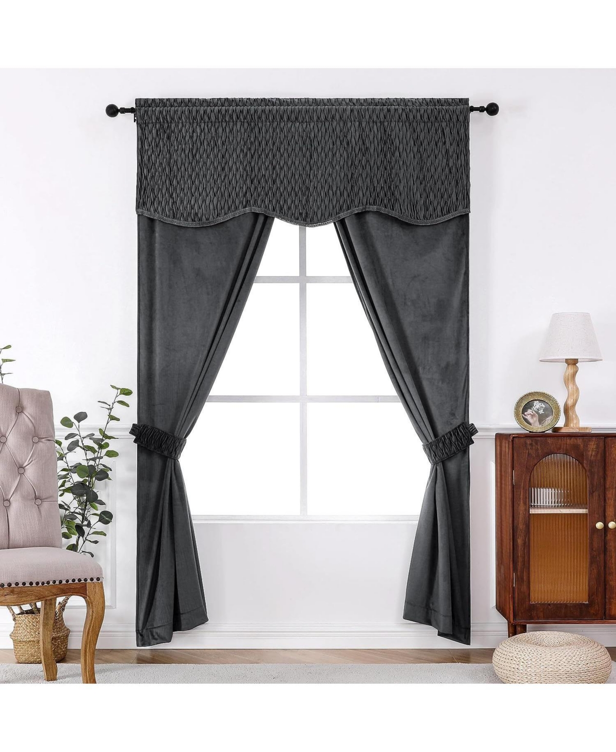 Kate Aurora Christmas Essentials Light Filtering Complete Attached Velvet Window Curtains & Valance Set - Gold