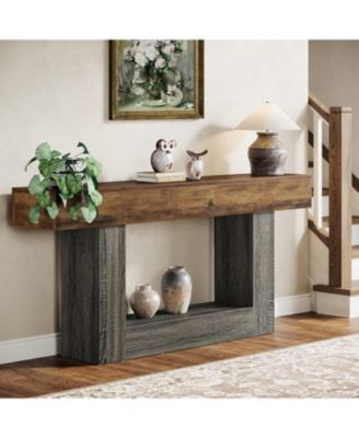 63-Inch Farmhouse Wood Console Table with U-Shaped Base, 2-Tier Narrow Sofa Table for Entryway & Living Room