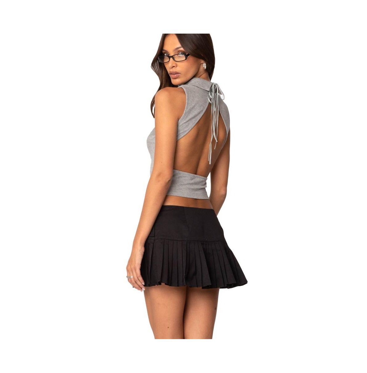 Edikted Women's Mock Neck Open Back Top - Gray-melange