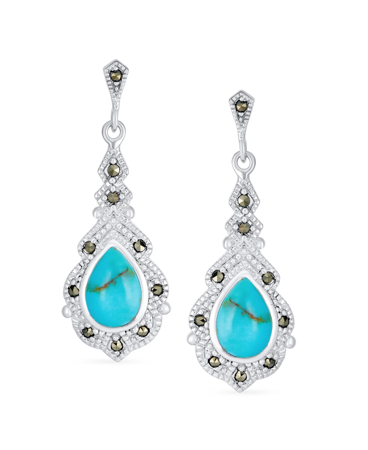 Bling Jewelry Western Style Marcasite Accent Teardrop StabilizedTurquoise Dangle Chandelier Earrings For Women .925 Sterling Silver - Blue