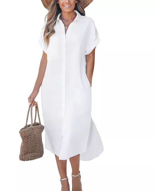 women's denim short sleeve button down cover up dress