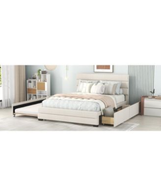 Queen Upholstered Platform Bed with Twin Size Trundle and Two Drawers