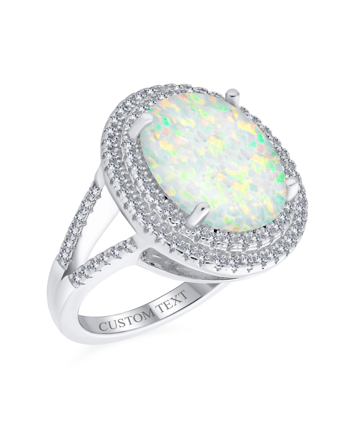 Bling Jewelry White Synthetic Opal Oval Split Shank Pave Cz Accent Double Halo Statement Ring Women .925 Sterling- Silver