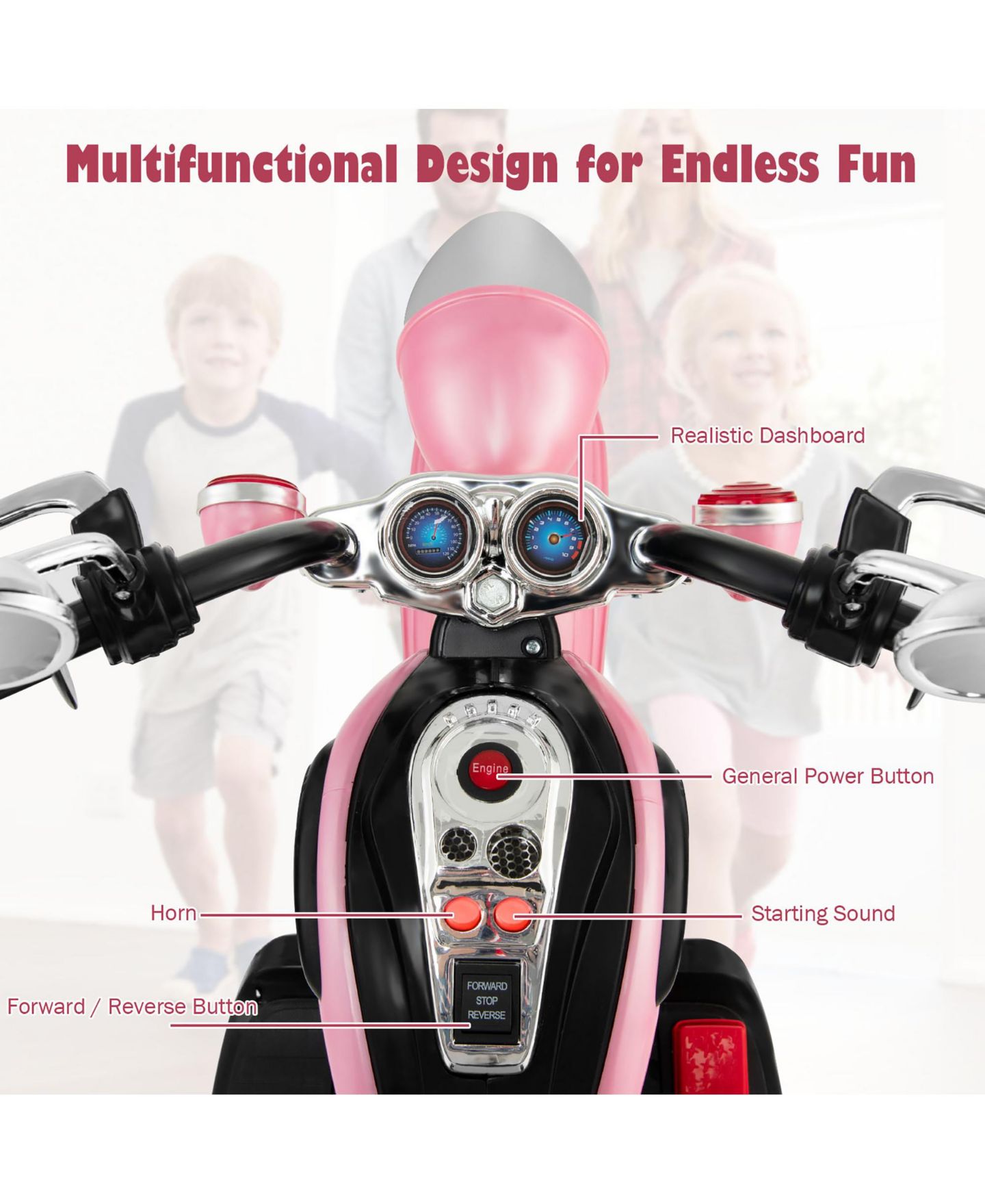 Детская игрушка Costway Chopper 3-Wheel Battery-Powered Rechargeable Kids Motorcycle, 44-lb. Capacity, Ages 3+, цвет: Розовый — фото 5