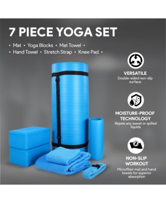 7 Piece Yoga Set with Mat, Stretch Strap, & Knee Pad, Blue