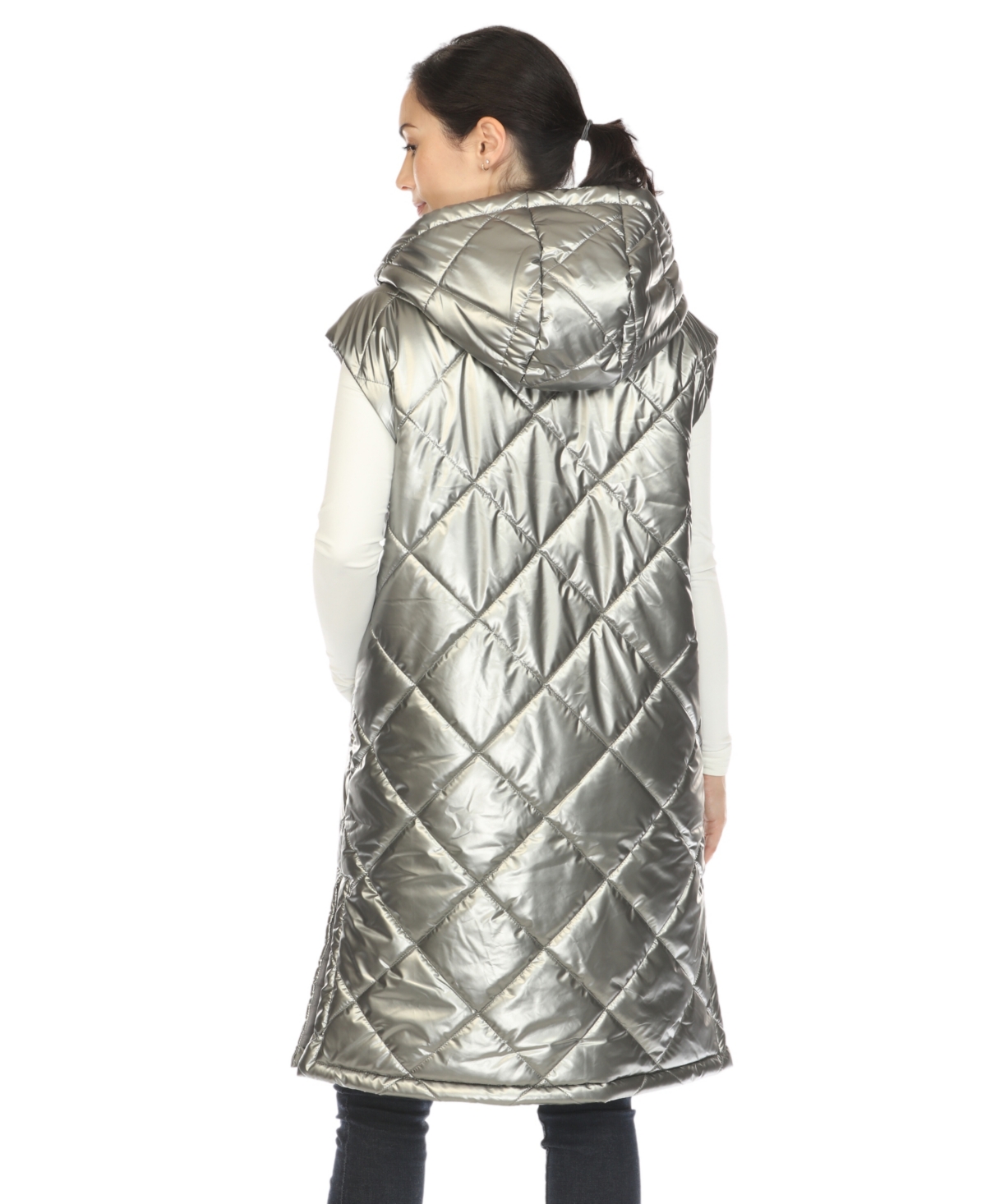 White Mark Women's Metallic Long Puffer Vest Jacket In Metallic Silver