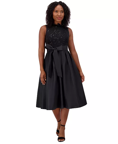 petite sequined-bodice pleated midi dress
