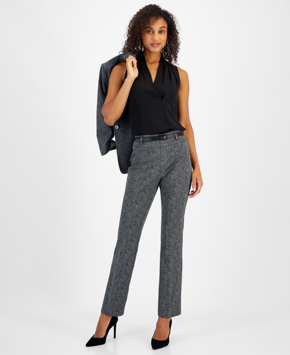 Kasper Women's Herringbone High-Rise Belted Bootcut Pants, Regular & Petite Sizes