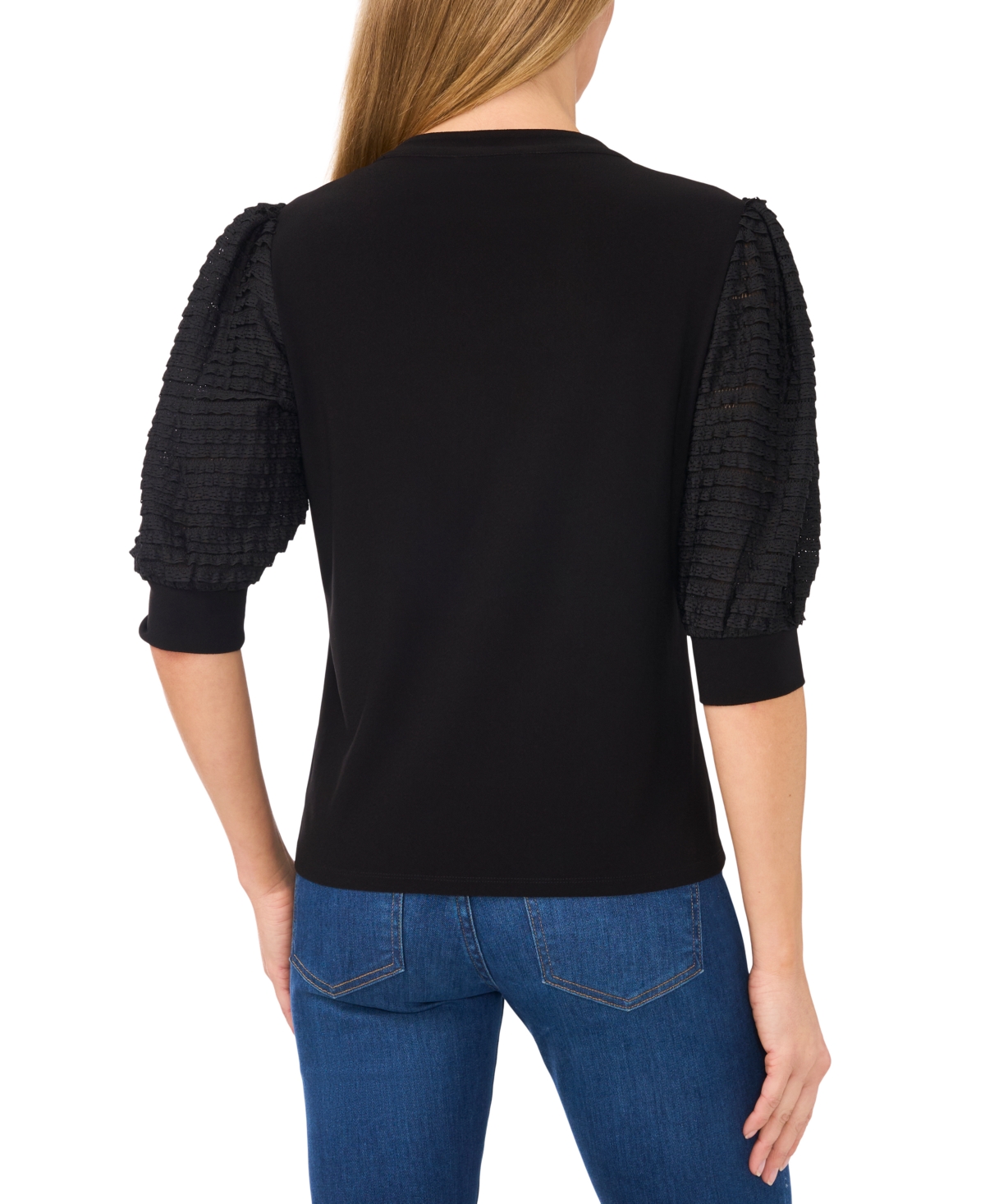 CeCe Women's V-Neck Puff-Sleeve Mixed-Media Top